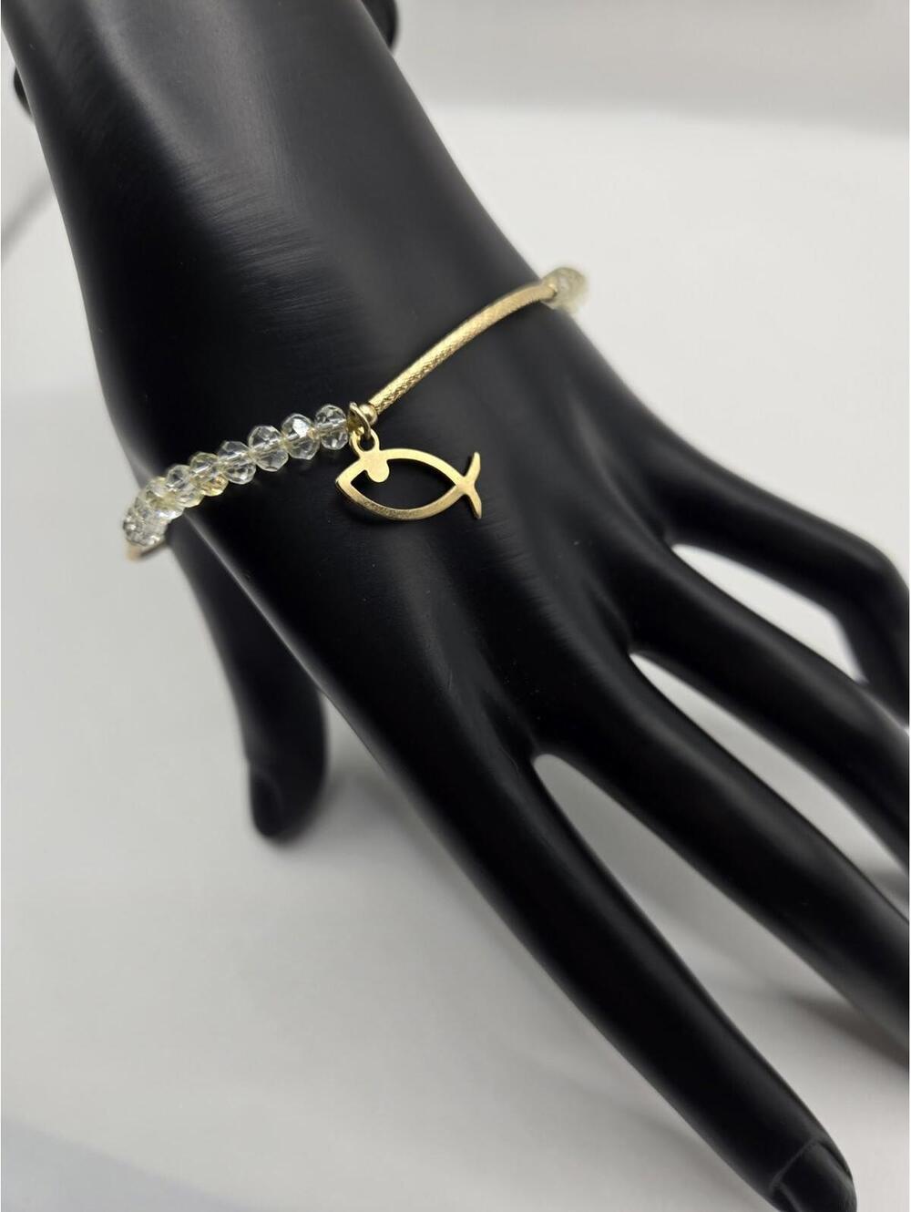 Retired Gold Tone Beaded Ichthus Jesus Fish Hook Bangle Bracelet